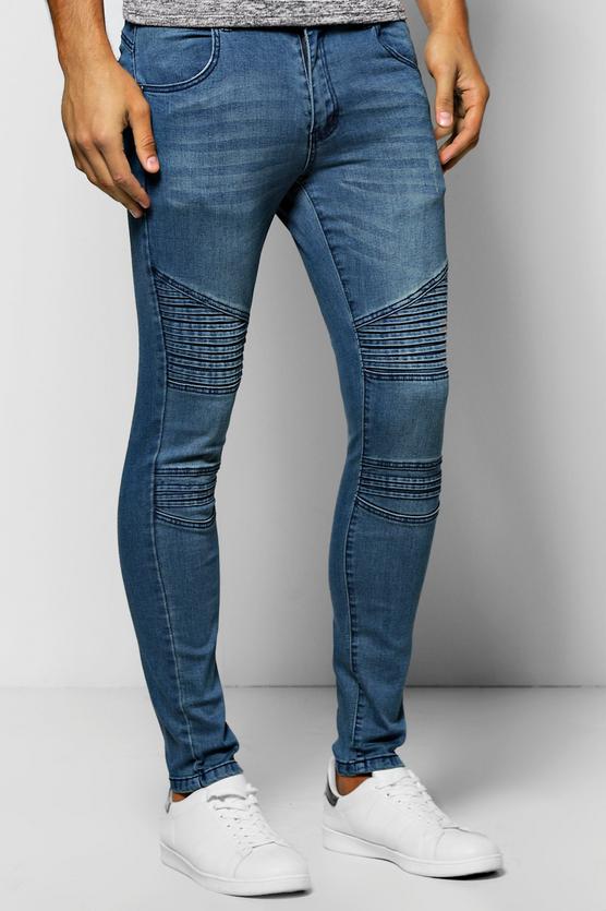 Mid Blue Super Skinny Fit Jeans with Biker Detail